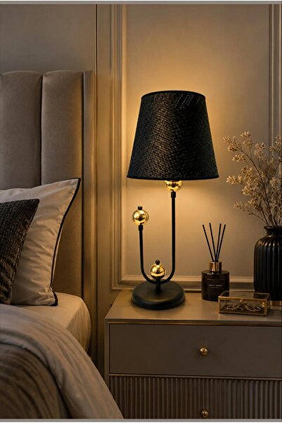 Elizim Home Lighting Modern Black Fabric Headboard with Black Legs and Gold D...