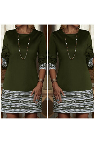pazarella Women's Long Sleeve Crew Neck Two-Thread Dress with Printed Sleeves...