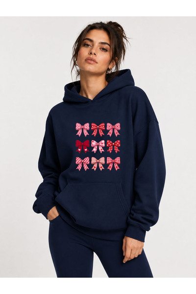 herkesemoda Ribbon Printed Hooded 2 Thread Threaded Sweatshirt