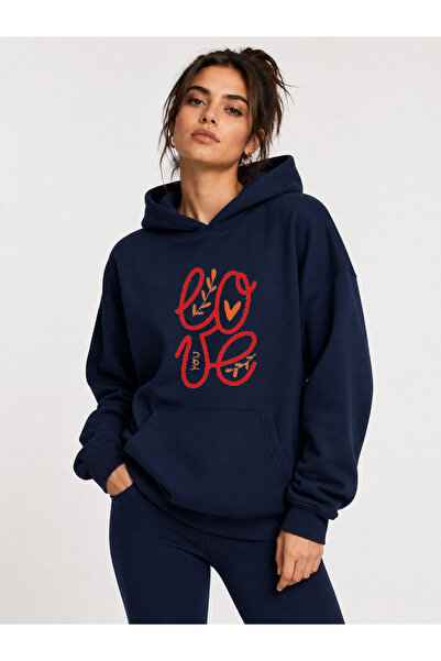 herkesemoda Love Text Printed Hooded 2 Thread Raster Sweatshirt