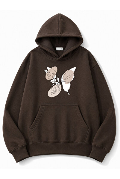 herkesemoda Butterfly Printed Hooded 2 Thread Threaded Sweatshirt