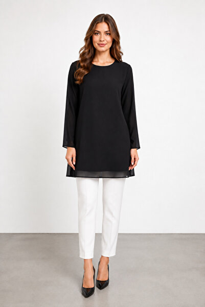 bihan store Women's Chiffon Long Sleeve Tunic Blouse Y26-30392 - Black