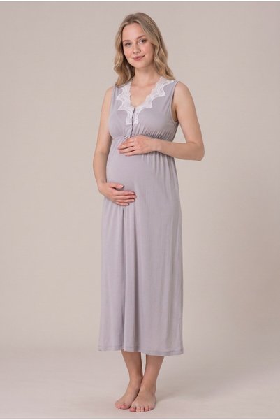 LOHOUSE Women's Gray Floral Lace Sleeveless Wide Fit Maternity Nightgown and Dressing Gown Set with Nursing Features