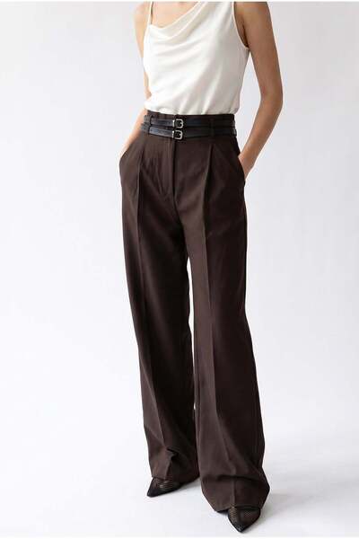 Mixray 2185 Women's Double Belt High Waist Wide Leg Palazzo Trousers Brown