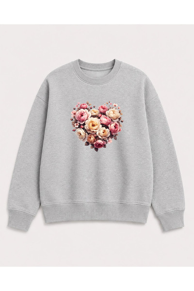 herkesemoda Heart and Roses Print Detailed Crew Neck 2 Thread Sweatshirt