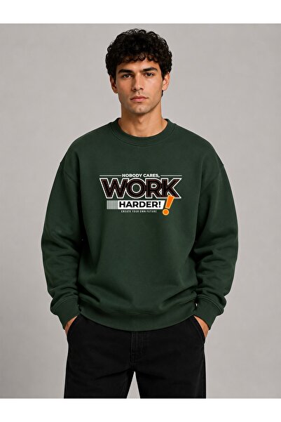 herkesemoda Work Harder Print Detailed Crew Neck 2 Thread Sweatshirt with Emb...