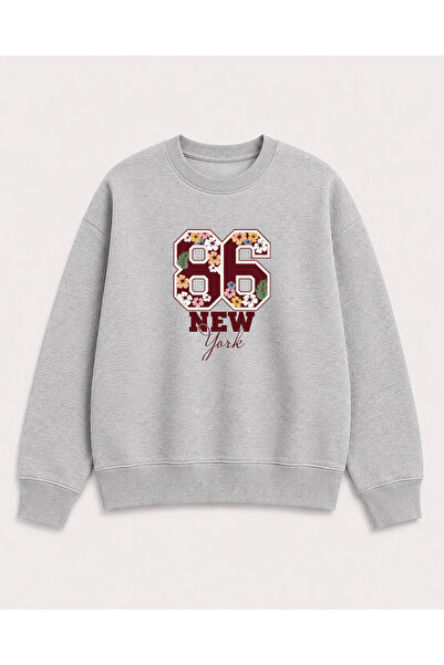 herkesemoda Numbers and Flowers Print Detailed Crew Neck 2-Thread Sweatshirt