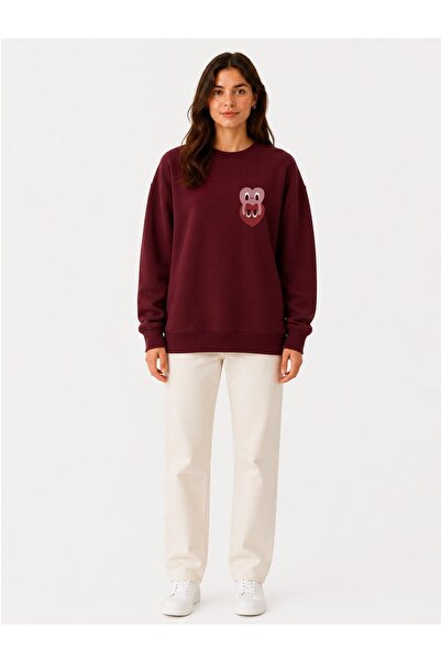 herkesemoda Character Print Detailed Embroidered 2 Thread Crew Neck Sweatshirt