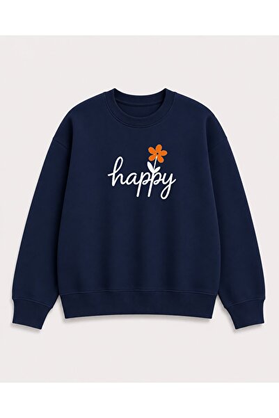 herkesemoda Happy Print Detailed Embroidered 2 Thread Crew Neck Sweatshirt