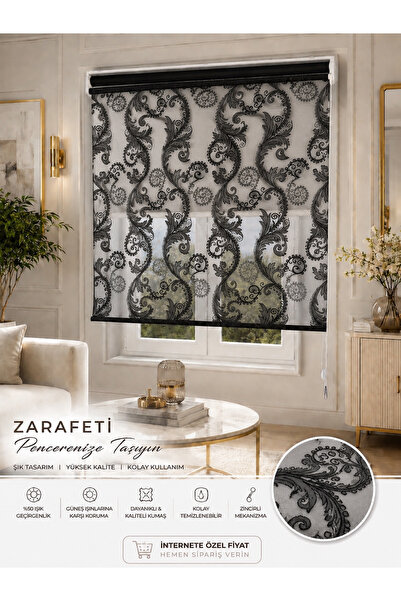 PERDEMANİA Çiftli Sistem Dantel Desenli Tül ve Beyaz Mat Polyester Stor Perde