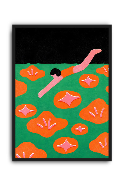 Flower Dive Modern Duvar Tablosu – Yeşil Turuncu Figüratif Poster
