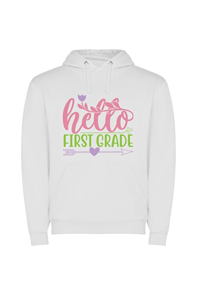 iLovePrints Vibrant Greeting: Hello 1st Grade! Φούτερ με κουκούλα σε χρώμα Λευκό