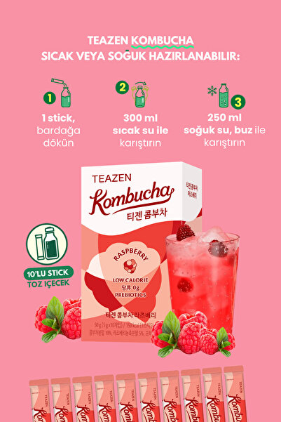TEAZEN Probiyotik Ve Lif İçeren Bağırsak Sağlığı Destekli Şekersiz İçecek Kombucha Raspberry