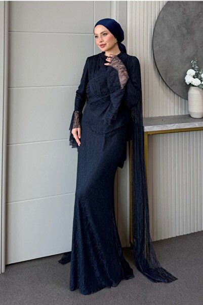 Şule Giyim Elizya Lace Evening Dress Set Navy Blue
