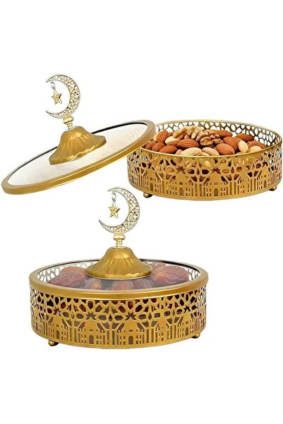 GENERAL 2 Pcs Luxury Golden Arabic Serving Tray with Lid, Metallic Star Moon ...