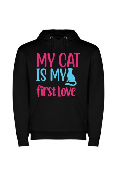 iLovePrints Feline Affection: My First Love Φούτερ με κουκούλα σε χρώμα Μαύρο