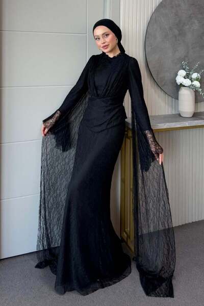 Şule Giyim Elizya Lace Evening Dress Set Black