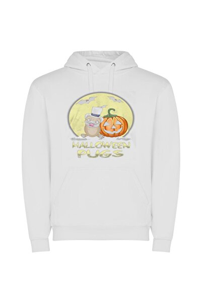 iLovePrints Pug-o'-Lantern: Spooky Style Φούτερ με κουκούλα σε χρώμα Λευκό