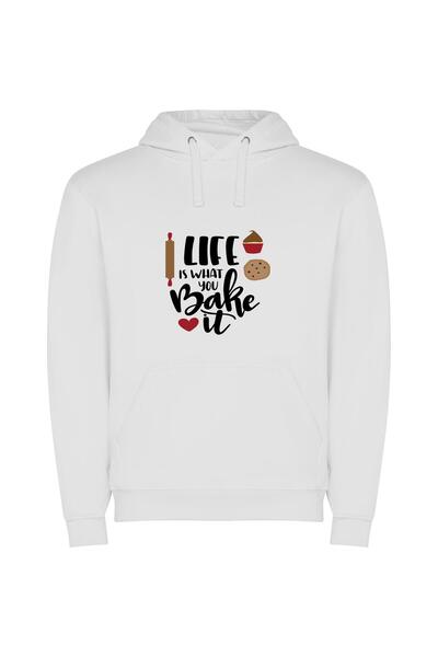 iLovePrints Baking Life: Graphic Art Φούτερ με κουκούλα σε χρώμα Λευκό