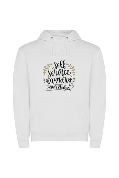 iLovePrints 24-Hour Self-Service Laundry Φούτερ με κουκούλα σε χρώμα Λευκό