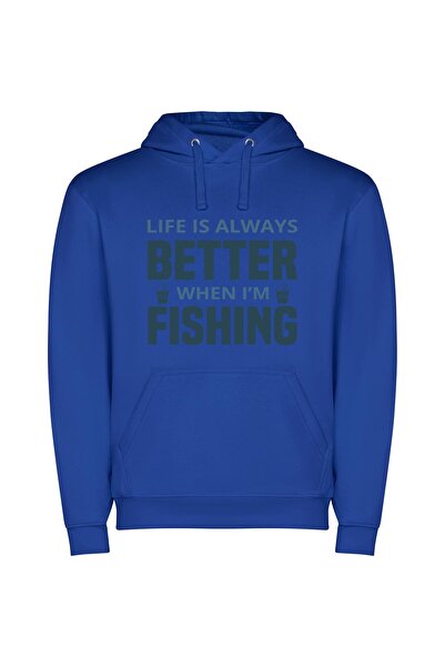 iLovePrints Fishing: Life's Bitter Bliss Φούτερ με κουκούλα σε χρώμα Μπλε