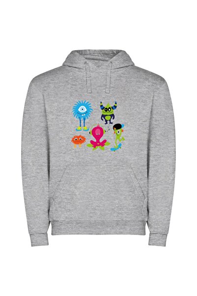 iLovePrints Monsters United: Charming Cartoons Φούτερ με κουκούλα σε χρώμα Γκρι
