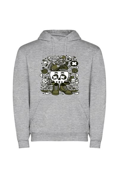 iLovePrints Skull Slam: McBess Illustration Φούτερ με κουκούλα σε χρώμα Γκρι
