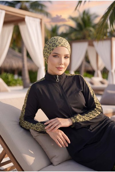 dilberfashion Premium Serisi Leopar Garnili 3lü Tesettür Mayo
