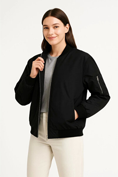 pazarella Lined Zippered Bomber Coat Jacket - Black