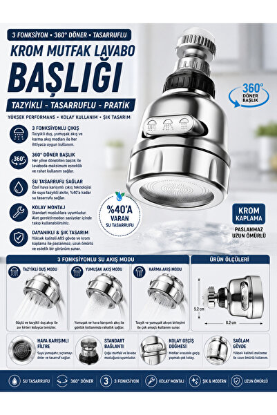 Ufak Tefek Şeyler Chrome 3-Function Kitchen Sink Head - 360 Degree Rotating F...