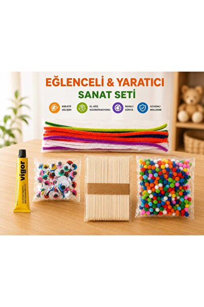 Şönil El İşi Hobi Seti – Ponpon, Oynar Göz, Yapıştırıcı ve Ahşap Çubuk Aktivite Seti