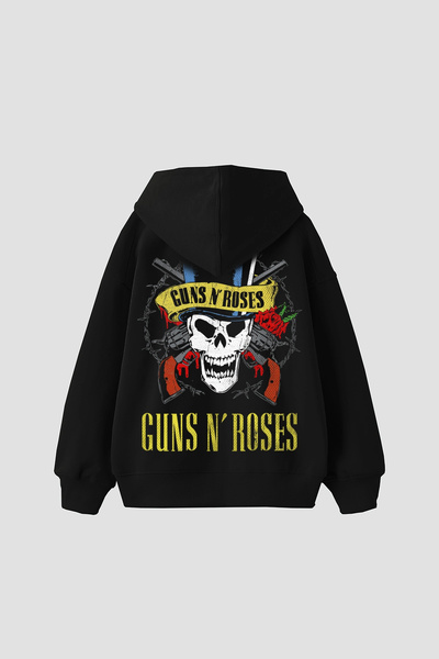 Sekizbiraltı Guns N' Roses Τυπωμένο Oversize Unisex Μαύρο Φούτερ με Κουκούλα