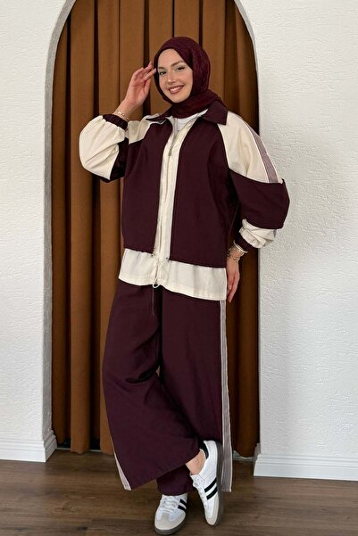 Modaensarbutik Garni Detaylı Fermuarlı Modern Tesettür Takım-BORDO