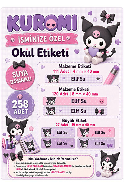 Ceres Studio Okul Etiketi Kalem Defter isimli Etiket Isim Yazılabilen Kuromi ...