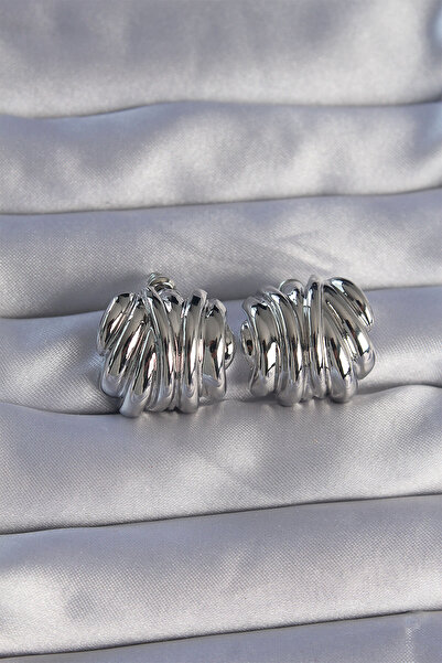 deluxe takı ve giyim Brass Silver Color Serrated Curved Model Earrings
