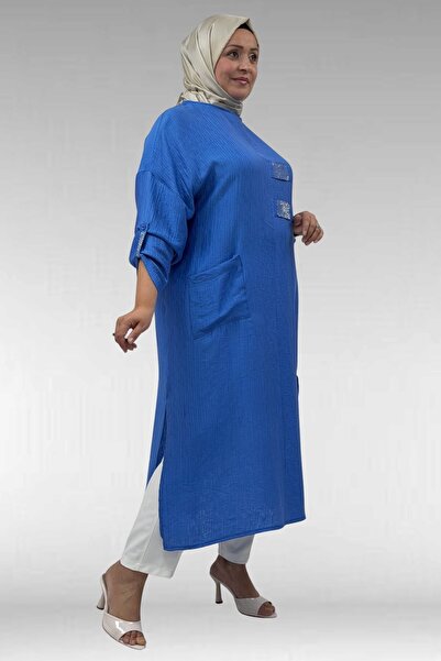 Eslina 68044 Plus Size Stone Print Detailed Double Tensel Tunic - Indigo