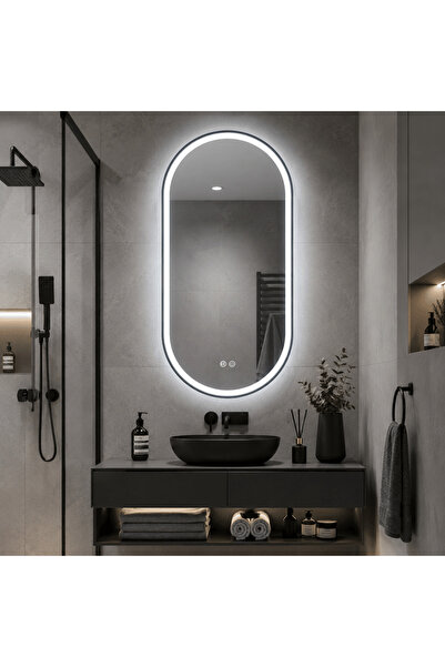 shark design LED овално огледало 50×100 см с матирана черна рамка, Модел, Про...