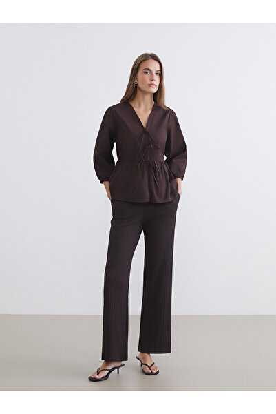 LC Waikiki Brown Textured Women's Trousers with Elastic Waist