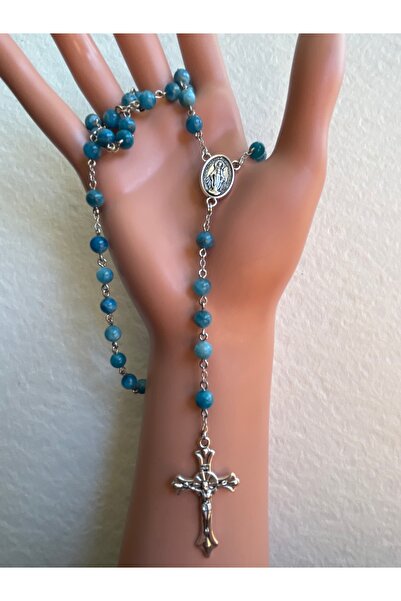 Yada Unique 6mm Apatit Taşı Katolik Hristiyan Rosary Tesbih /Haç Kolye - Gümüş