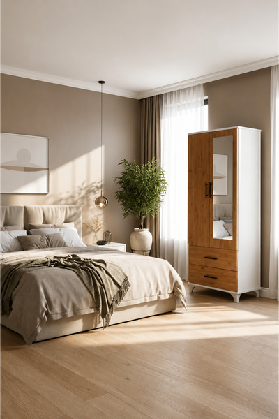 yıldız türk home Siena Aynalı 2 Kapaklı 2 Çekmeceli Gardırop 68x175 cm Beyaz ...
