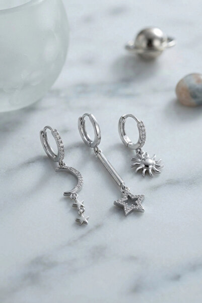 ARMÜZ Set of 3 Moon, Star and Sun Model Silver Color Women's Earrings