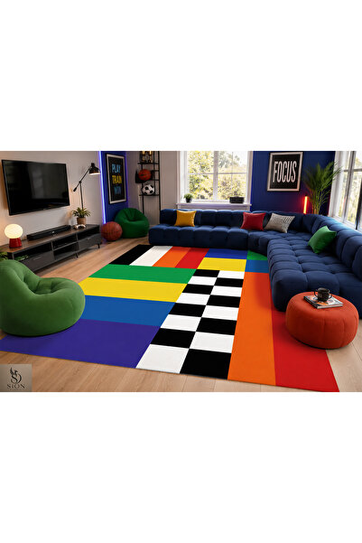 SionFabric Dijital Baskı Geometrik Renkli Modern Yıkanabilir Kaymaz Taban Lek...