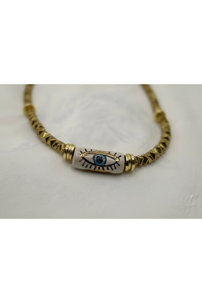 La sauvagine Gold Hematite Beaded Evil Eye Bead Detailed Choker Necklace