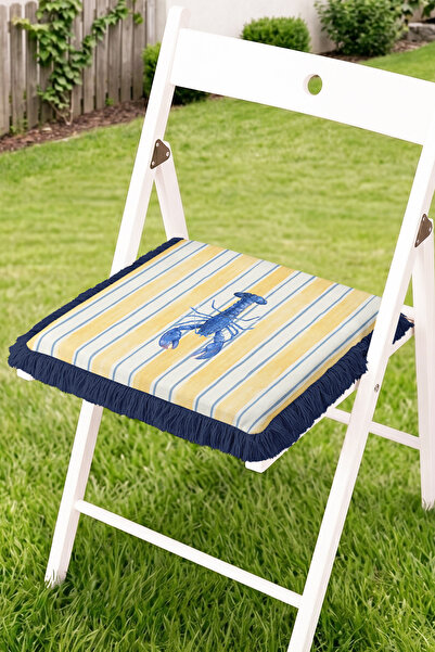 Realhomes Blue Lobster Figured Striped Fringed Zippered Chair Cushion - Sea T...