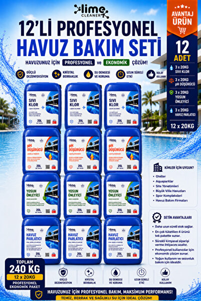 Lime Cleaner 12'li Profesyonel Havuz Bakım Seti 240 KG | 3x Sıvı Klor + 3x pH...