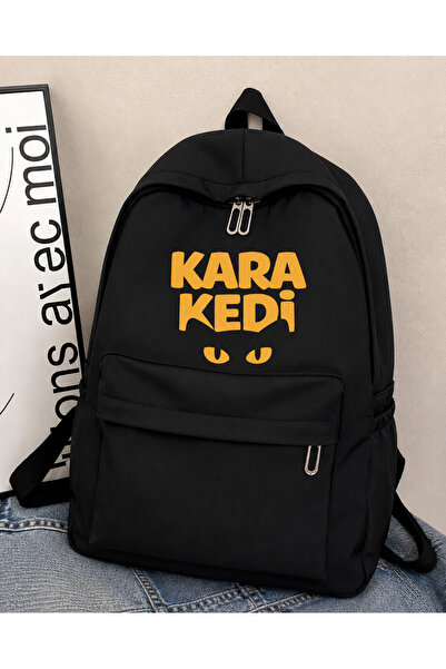 Generic Brand Black Backpack with Black Cat Print