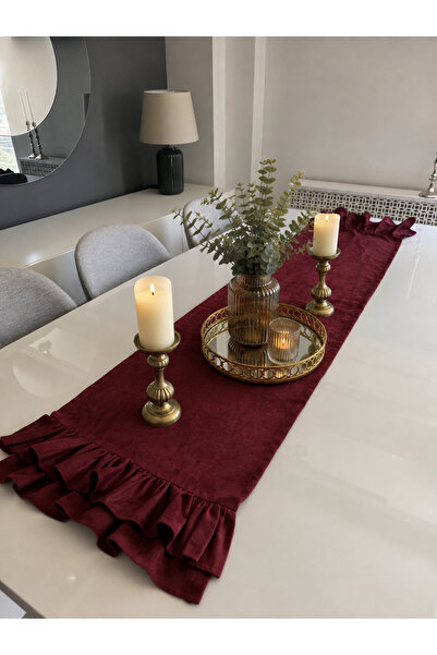 Decamor home İnci Vintage Seamless Double Layer Ruffled Burgundy Runner