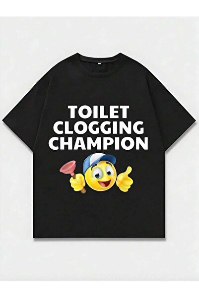 799 تي شيرت أسود بطباعة "TOILET CLOGGING CHAMPION"، تصميم عادي، مريح ومتعدد ا...
