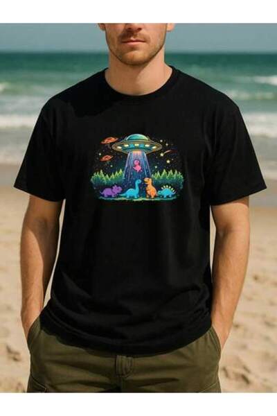 9TAY UFO Captures Dinosaurs - This Quirky Sci-Fi Style Cotton Printed T-Shirt...