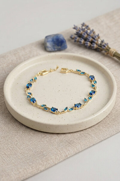 Lisinya Brass Gold Color Blue Zircon Stone Flower Model Women's Bracelet -
